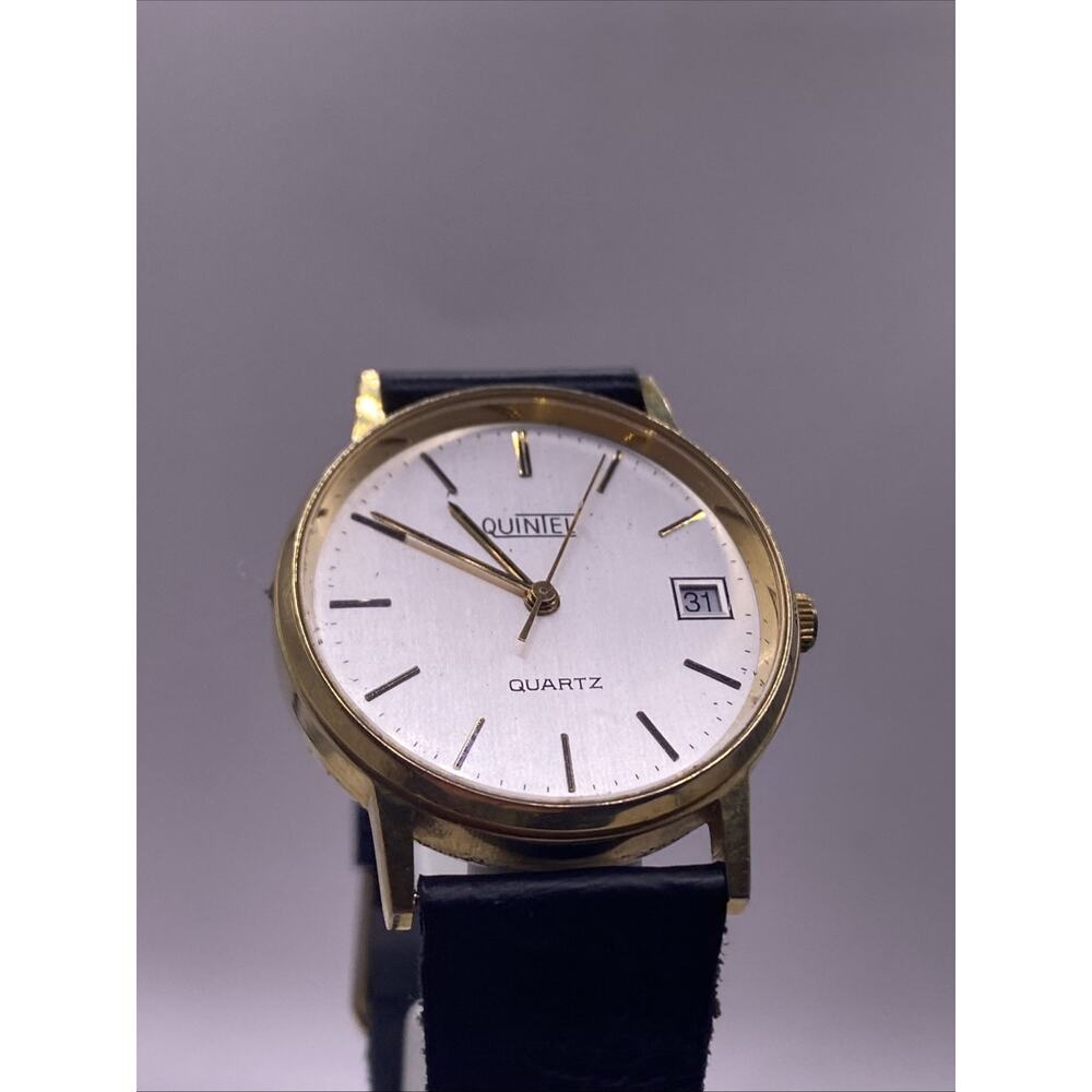 Quintel Unisex Gold Tone Black Leather WatcH Works New Battery